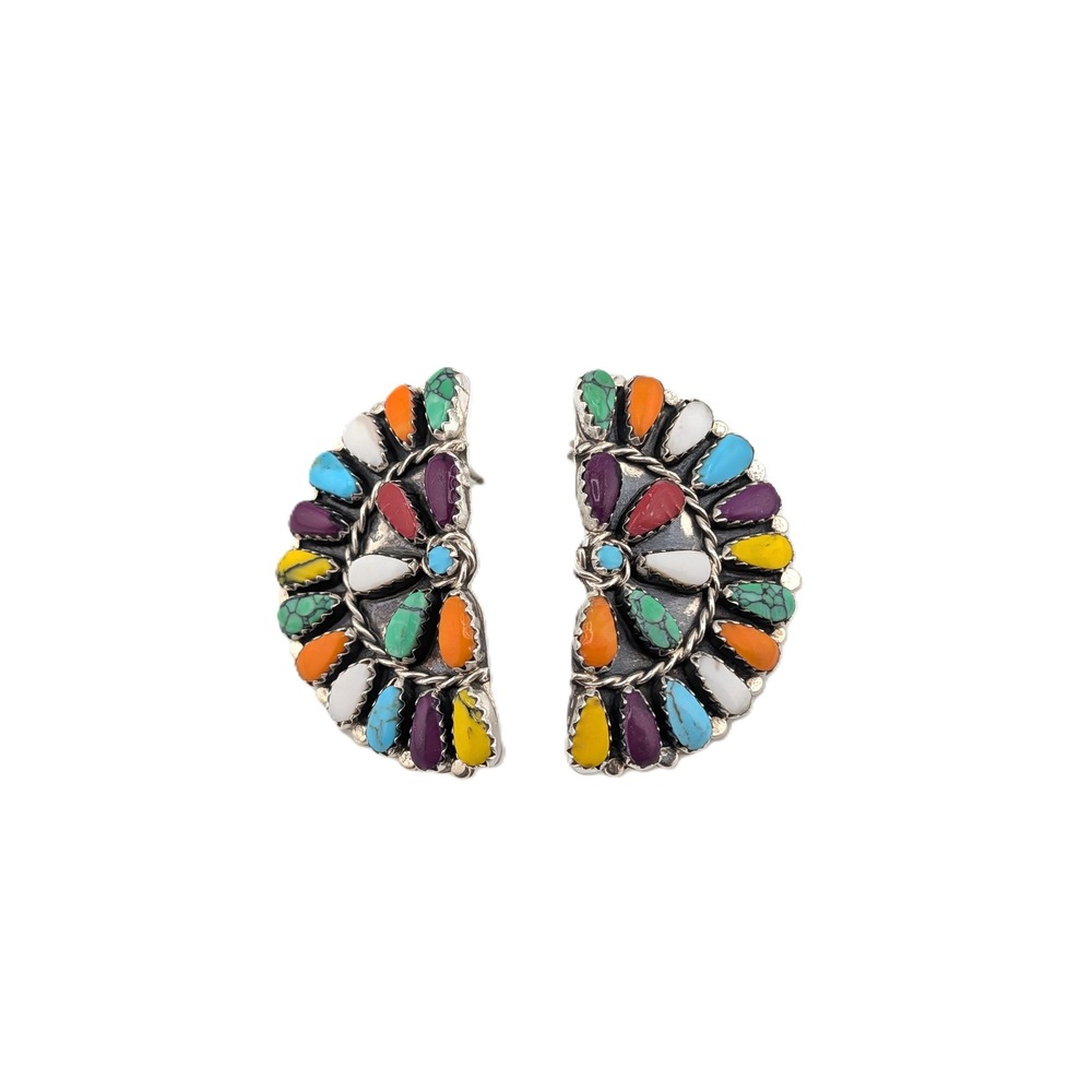 Navajo Multi Stone Cluster Stud Earrings Sterling Silver Handcrafted Jewelry **